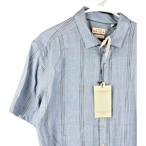 Ike Behar Mens Large Denim Blue Linen Blend Vertical Stripe Shirt NWT Resort